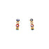 A close-up of two Multicolor Evil Eye Huggies Earrings Zirconia Stones set against a white background, each featuring a vertical row of four circular elements crafted from 18k Gold-filled material. The top and bottom elements are blue, the second element is adorned with Multicolor Zirconia that resembles a clear gem, and the third element is red.